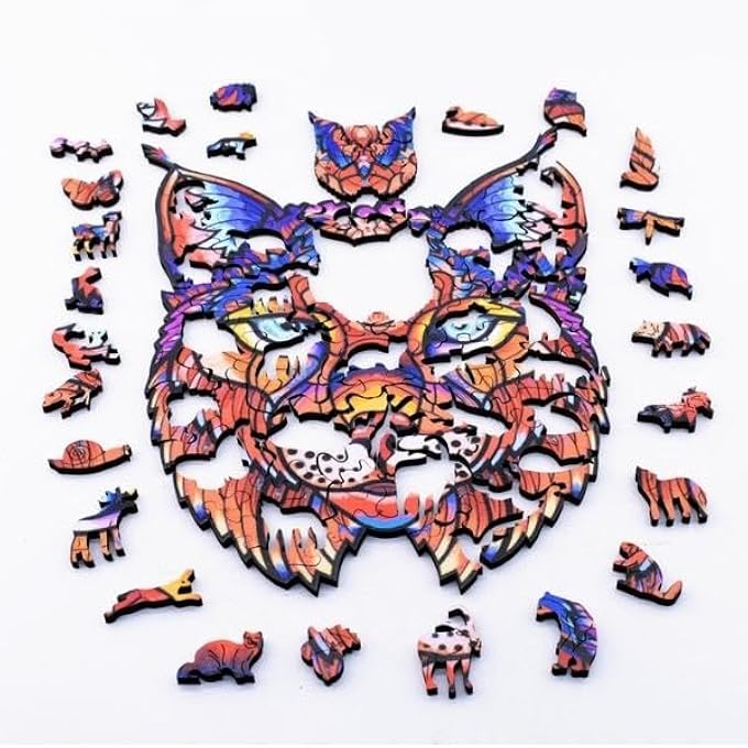 WOODEN JIGSAW PUZZLES, 3D WOODEN ANIMALS SHAPED PUZZLES, BEST GIFT FOR ADULTS AND KIDS DIY PUZZLE PIECE, COLORFUL UNIQUE SHAPED LYNX PUZZLES A5-5.8 X 8.2 IN (A5-LYNX 1) - Image 3